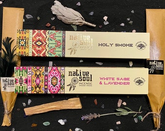 May include: Two boxes of Native Soul incense sticks with colourful designs. The top box says "Holy Smoke" and the bottom box says "White Sage & Lavender".