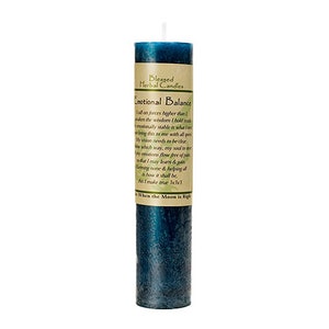 May include: A tall, cylindrical teal candle with a white wick. The candle has a textured appearance and a brown label wrapped around it with the text "Blessed Herbal Candles" and "Emotional Balance". The candle is designed for spiritual use.