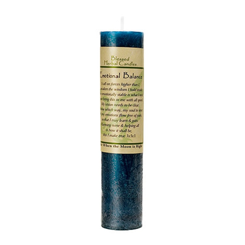 May include: A tall, cylindrical teal candle with a white wick. The candle has a textured appearance and a brown label wrapped around it with the text "Blessed Herbal Candles" and "Emotional Balance". The candle is designed for spiritual use.