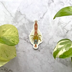 May include: A sticker of a macrame plant hanger with a potted plant. The hanger is made of brown and red string and the plant is green with a light blue pot.