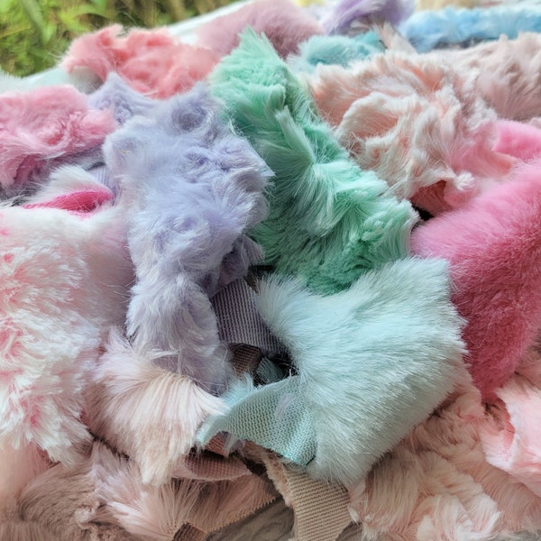 Minky Faux Fur Grab Bag, small cut off remnant fun fur pieces - pastel colors, costume doll trim, 3d mixed media textured art collage