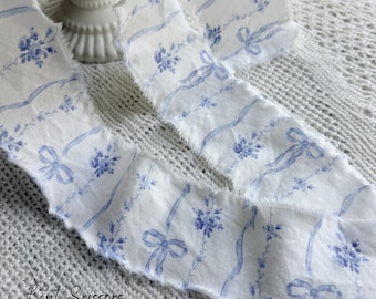 Shabby Hand Frayed Fabric Ribbon, Blue Bows Craft Trim - Coquette Aesthetic, Party Decor, Eco Gift Wrap, 42 inches long