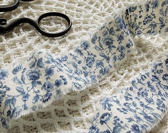 Shabby Frayed Fabric Ribbon, Blue and Cream Craft Trim, Eco Gift Wrap Ideas - Blue Chinoiserie Aesthetic Bleu, (41 inches long)