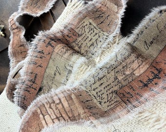 Shabby Fabric Cotton Ribbon, Hand Frayed - Script Words, Cursive Text, Vintage Grunge Aesthetic - Browns (1 yard)