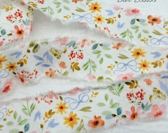Shabby Frayed Floral Fabric Ribbon - Colorful Wildflowers and Bows, 41 inches