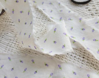 Shabby Frayed Fabric Ribbon, Ditsy Purple Rosebuds - Floral Cotton, Eco Gift Wrap, 41 inches long