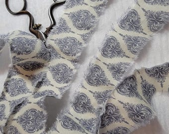 Hand Frayed Damask Fabric Ribbon, Slate Blue Cotton Trim, Eco Gift Wrap, (1 yard)