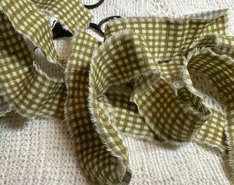 Gingham Check, Frayed Fabric Ribbon 43 inches, Shabby Hand Torn - Light Olive Green Ecru, Craft Trim - Eco Gift Wrap Ideas
