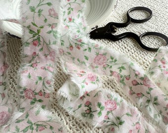 39 inches, Dusty Rose Pink Flowers - Hand Frayed Fabric Ribbon - Shabby Floral Craft Trim - Eco Gift Wrap, Hat Making