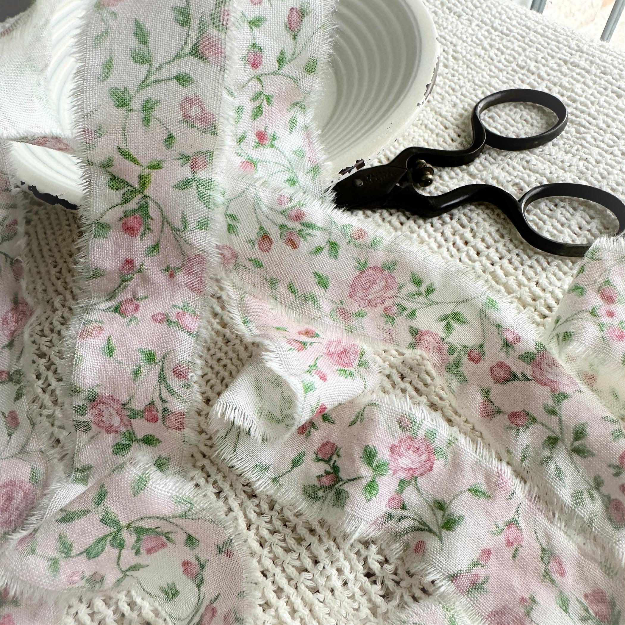 39 inches, Dusty Rose Pink Flowers - Hand Frayed Fabric Ribbon - Shabby Floral Craft Trim - Eco Gift Wrap, Hat Making