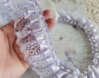 Lavender, Satin and Lace Pearl Trim - by the Yard, 2 inch wide fabric ribbon - violet purple and white