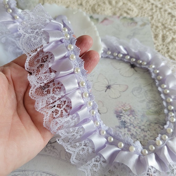 Lavender, Satin and Lace Pearl Trim - by the Yard, 2 inch wide fabric ribbon - violet purple and white