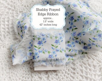 Shabby Hand Frayed Fabric Ribbon, Small Blue Flowers - Floral Craft Trim, Gift Wrap (42 inches)