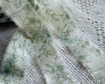 Hand Frayed Shabby Fabric Ribbon, Sage Green Botanical Floral, Chinoiserie Aesthetic Craft Decor, Eco Gift Wrap Ideas, 41 inches