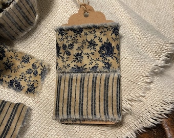 Shabby Cotton Ribbon Set, Hand Frayed Trim - Navy Blue and Beige, Rustic Country Farmhouse, Holiday Gift Wrap Ideas