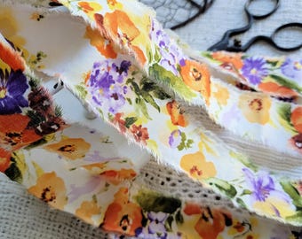 Hand Frayed Fabric Ribbon, Shabby Floral Craft Trim - Eco Gift Wrap, Hat Making - Colorful Flowers, 41" inches long