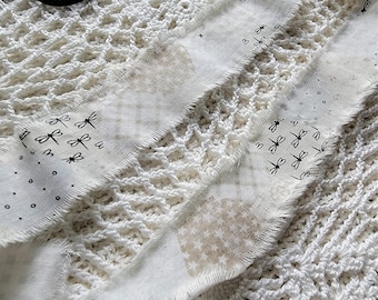 Shabby Fabric Ribbon, Hand Frayed - Neutral Country Hexi Quilt Design - Craft Trim, DIY Gift Wrap - Patchwork with Dragonflies, 42 inch long