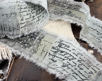 Shabby Fabric Cotton Ribbon, Hand Frayed Torn - Script Words, Cursive Text, Vintage Grunge Aesthetic, Patina Greens, (1 yard)
