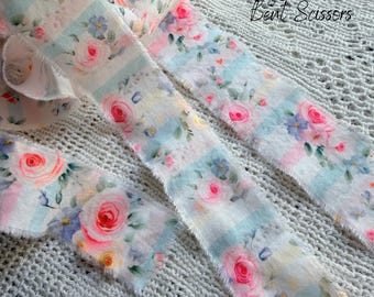 Hand Frayed Fabric Ribbon - Colorful Rose Flowers, Shabby Floral Craft Trim - Eco Gift Wrap, Hat Making - Easter, 42 inches