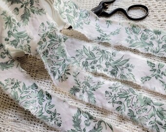 Shabby Hand Frayed Fabric Ribbon, 42 inches - Green and White Craft Trim, Eco Gift Wrap Ideas -  Botanical Floral, Chinoiserie Aesthetic