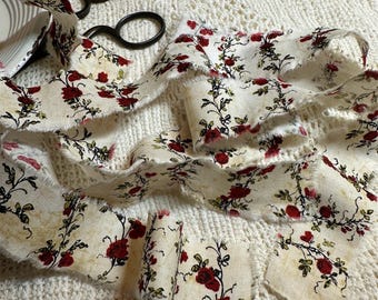 Shabby Fabric Ribbon 43 inches, Shabby Hand Frayed - Burgundy Red Roses - Floral Craft Trim, DIY Gift Wrap Ideas