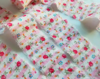 Shabby Hand Frayed Fabric Ribbon, Pink Stripes - Floral Cotton Trim Decor, 42 inches long