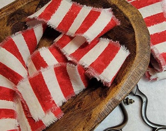 Shabby Fabric Ribbon, Hand Frayed Cotton Trim - Red and Warm White Stripes, Rustic Country Farmhouse, Americana Gift Wrap Ideas, 40 inches
