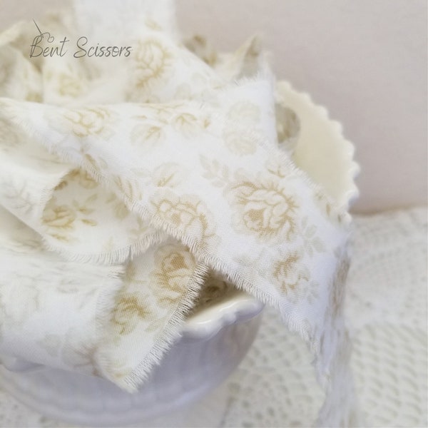 Roses, Frayed Fabric Ribbon 42 inches, Shabby Hand Torn - Beige Cream Flowers, Craft Trim - Gift Wrap Ideas