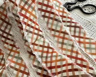 Shabby Hand Frayed Fabric Ribbon - Gingham Check, Warm Autumn Colors, Fall Craft Trim - Masculine, Gift Wrap Ideas, 43 inches long