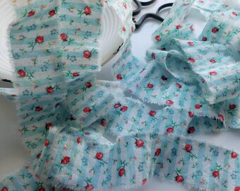 Shabby Frayed Ribbon, Blue Stripes and Red Roses - Craft Trim, 40 inches