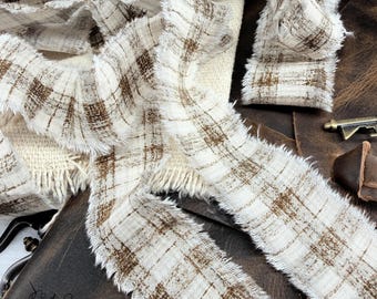 Shabby Frayed Ribbon, Distressed Grunge Gingham Plaid, Country Farmhouse, 1 yard