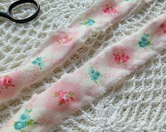 Pink and Teal Flowers, Hand Frayed Fabric Trim - Shabby Floral Cotton Ribbon - Eco Gift Wrap, Hat Making, 42 inches long