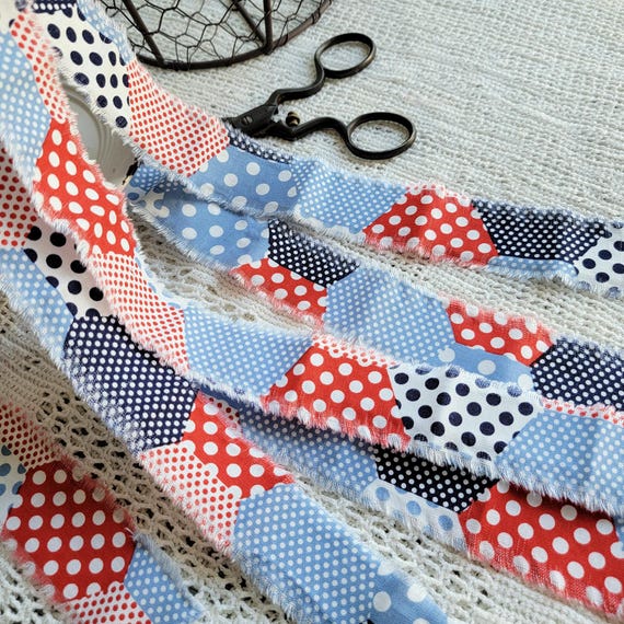 Shabby Fabric Ribbon, Hand Frayed Trim - Red White and Blue, Country Quilt Aesthetic, Americana, USA Gift Wrap Ideas, 43 inches long