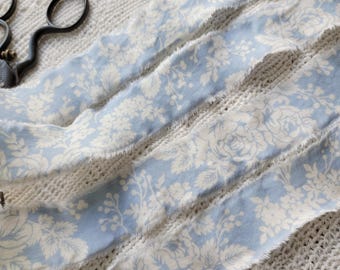 Shabby Frayed Fabric Ribbon, Blue and White Cotton Trim - Eco Gift Wrap, Floral Chinoiserie Aesthetic, (1 yard)