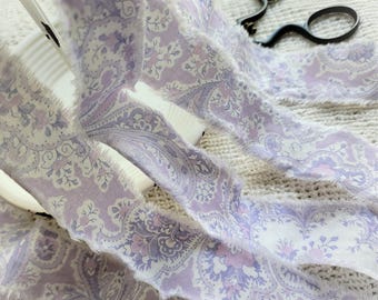 Hand Frayed Fabric Ribbon, Paisley Lavender Purple - Shabby Craft Trim - Eco Gift Wrap, Tassel Making, 50 inches long