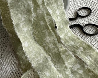 Shabby Hand Frayed Fabric Ribbon, Faded Sage Green - Botanical Flora Cotton Craft Trim, Eco Gift Wrap Ideas, 40 inches