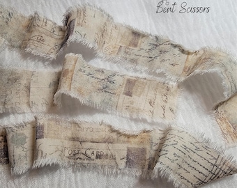 Shabby Fabric Ribbon, Hand Frayed Torn Cotton - Script Words, Cursive Text, Vintage Grunge Aesthetic, 41" inch long