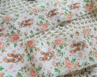 Shabby Frayed Ribbon, Ballerina Slippers and Roses - Floral Craft Trim, Eco Gift Wrap - Ballet Shoes, (1 yard)