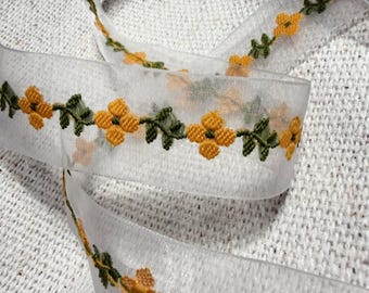 8 yards, Yellow Flower Embroidered Organza Ribbon, 7/8 inch wide