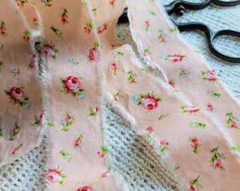 Shabby Hand Frayed Fabric Ribbon - Peach with Roses, Cotton Floral Craft Trim - Eco Gift Wrap, Tassel Making - Flowers, 40" inches long