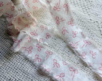 Shabby Hand Frayed Fabric Ribbon, Pink Bows Craft Trim - Coquette Aesthetic, Party Decor, Eco Gift Wrap, 42 inches long