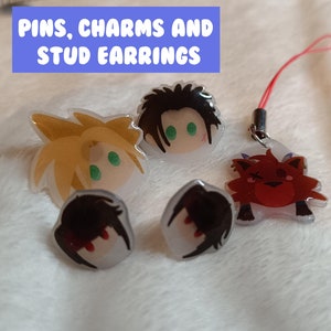 May include: A set of five anime-style character pins and charms. The set includes two stud earrings, two pins, and a charm with a red string attached. The characters are depicted in a cartoon style with large eyes and simple features. The pins and charms are made of clear acrylic with a white background.