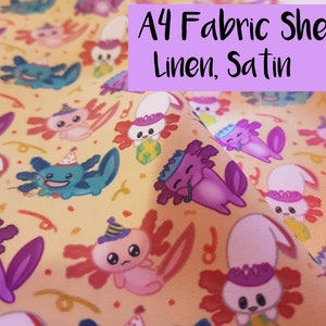 A4 Fabric Sheets, Party Axolotl - Cute, Fun, Kawaii, Albino, Pink, White, Purple, blue Gift, Crafts