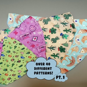 May include: A collection of patterned bandanas in various colors, including light blue, pink, and green. The bandanas feature unique designs such as video game consoles, stingrays, and cacti. Text on the image reads "OVER 40 DIFFERENT PATTERNS!" and "PT. 1".