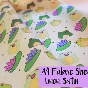 A4 Fabric Sheets, Frogs and Lilypads - Happy, Cute, Kawaii, green, froggy, Chibi