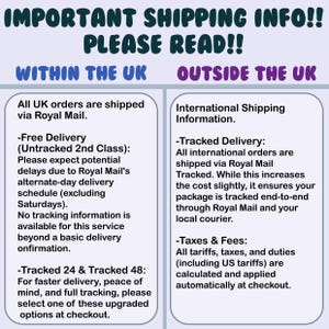 Peut inclure: Un graphique informatif violet clair avec du texte sombre intitul&eacute; IMPORTANT SHIPPING INFO!! PLEASE READ!! divis&eacute; en deux colonnes. La colonne de gauche est intitul&eacute;e WITHIN THE UK et celle de droite OUTSIDE THE UK, d&eacute;taillant les politiques.