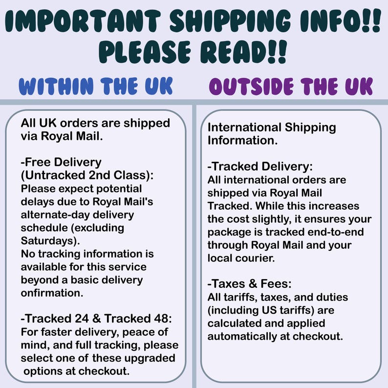 Peut inclure: Un graphique informatif violet clair avec du texte sombre intitul&eacute; IMPORTANT SHIPPING INFO!! PLEASE READ!! divis&eacute; en deux colonnes. La colonne de gauche est intitul&eacute;e WITHIN THE UK et celle de droite OUTSIDE THE UK, d&eacute;taillant les politiques.