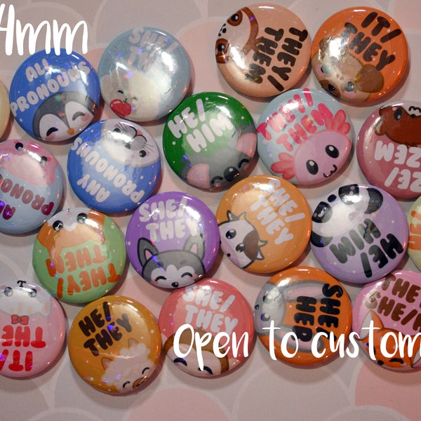 44mm Animal Pronoun Badges - She/They He/Him She/Her They/Them He/they, Frog, Pig, Sheep Axolotl, Panda, Fox, Dog, Cat