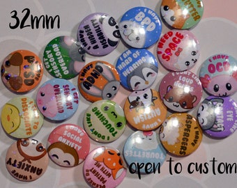 32mm Hidden Disabilities badges, Animals, IBS, ADHD, PTSD, Triggers Sound, I don't Like, ocd custom