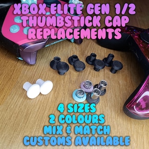 Könnte beinhalten: Thumbstick-Kappen-Ersatz für Xbox Elite Gen 1/2 Controller. Das Bild zeigt schwarze, weiße und farbige Thumbsticks. Text weist auf mehrere Größen, Farben und Anpassungsoptionen hin.